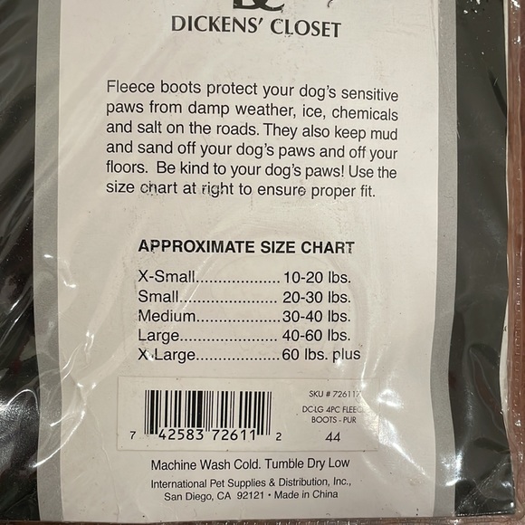 Dickens’ Closet, Purple Fleece Dog Booties. Size L (40-60 lbs.) - Picture 3 of 3